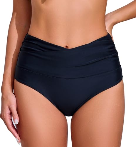 Women's High Waisted Black Bikini Bottoms Large 2026 V-Cross Full Coverage Swimwear