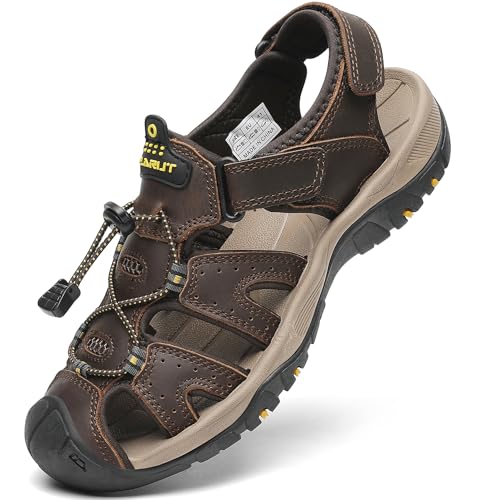 Mens Closed Toe Hiking Sandals - E-Darkbrown Leather Water Shoes