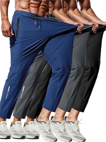 XYXYING Men's Lightweight Stretch Sweatpants with Zippered Pockets - Large Pack (Black, Grey, Blue) - 3 Pack