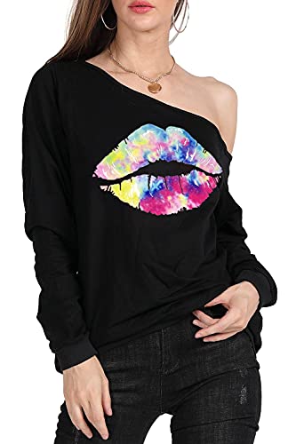 MAGICMK Women's Lips Print Off-Shoulder Sweater Shirt XXL Plus Size Casual Blouse