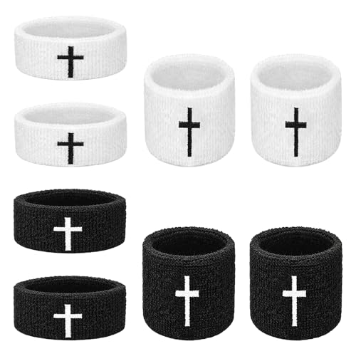 8-Pack Moisture-Wicking Cross Embroidered Wrist & Bicep Bands - Black & White