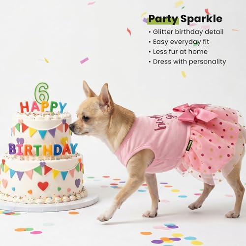 Fitwarm Medium Pink Birthday Girl Dog Tulle Dress for Small Dogs & Cats