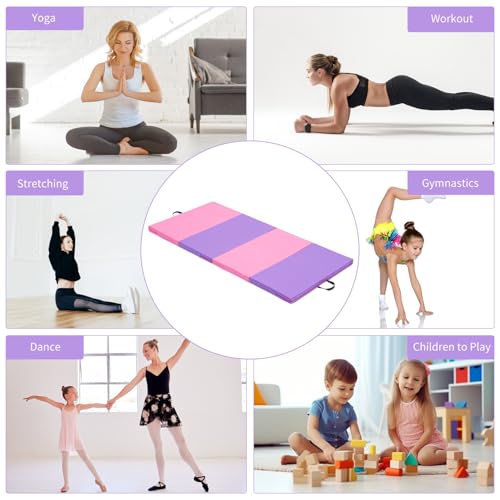 Gymnastics Mat 6'x3'x2'' - Foldable Exercise Mat for Home - Pink & Purple