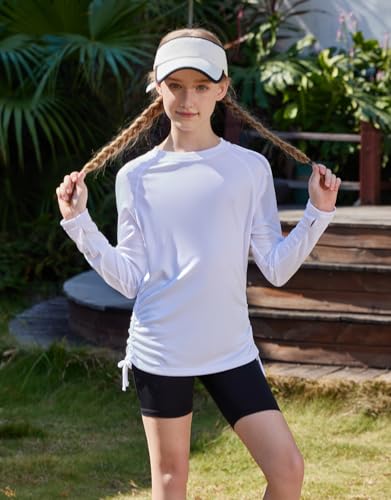 Long Sleeve Rash Guard for Girls - UPF 50+, Quick Dry, White, 11-12 Years