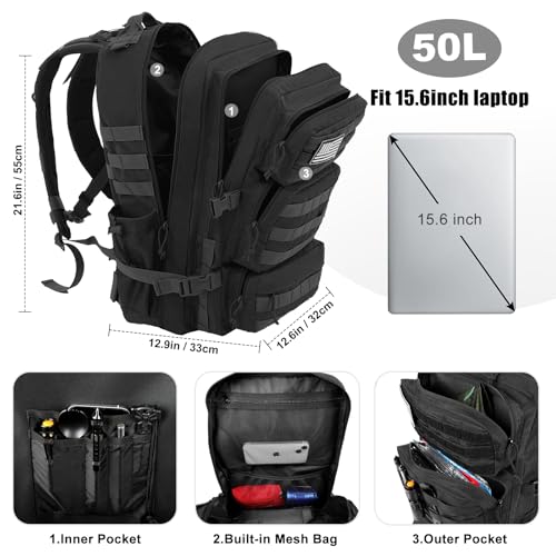 50L Military Tactical Backpack – Water Resistant Hiking Rucksack