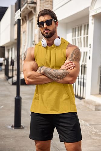 COOFANDY Men's Yellow Workout Hooded Tank Top - Bodybuilding & Gym Sleeveless Shirt, Medium