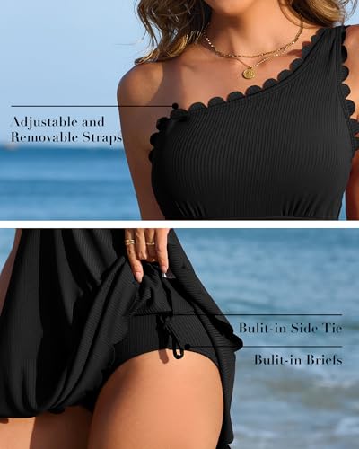Charmo Women's One Shoulder Swim Dress Black Large - Scalloped Bathing Suit
