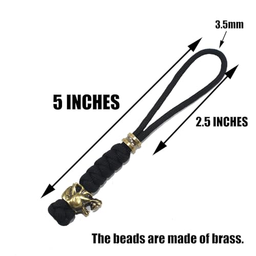 5-Inch Knife Lanyard with Brass Wolf Bead Paracord Keychain - Black