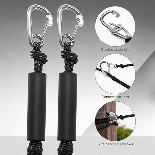 Manifish Bungee Dock Lines for Boats, 2 Pack 2 ft with 316 Stainless Clips – Black