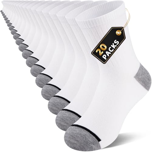 Kids Boys Athletic Crew Socks 20-Pair Bulk Pack White Ages 7-10 | LITERRA