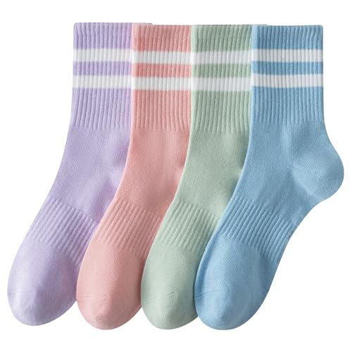 WILDROOMS Women Crew Socks 4 Pairs Cotton Striped (Size 5-10) - Purple Pink Blue Green
