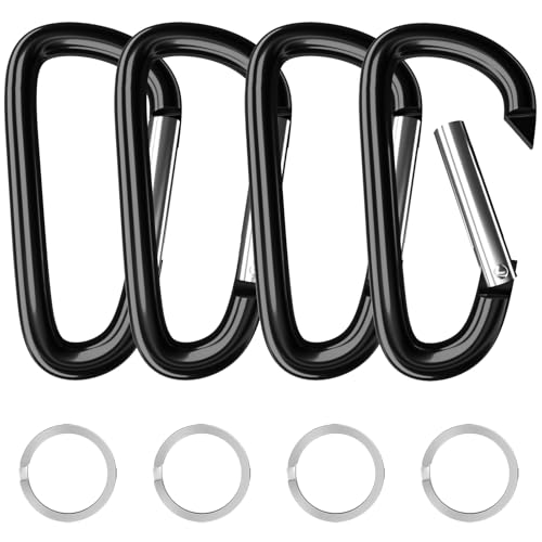 4" Black Aluminum Carabiner Clips - Set of 4 Heavy-Duty D Rings