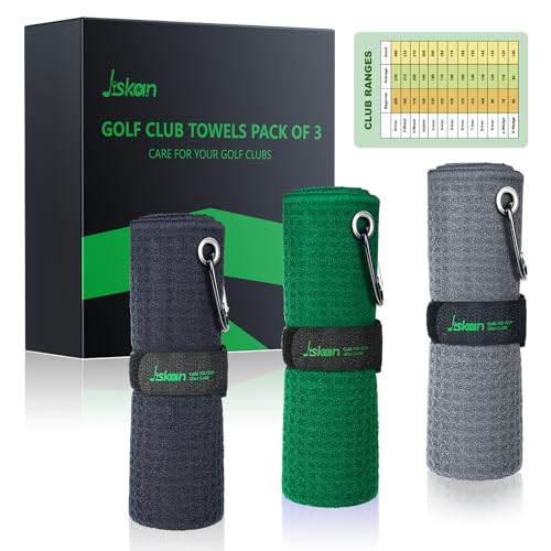 Microfiber Golf Towel Set - 3 Colors with Carabiners, 16" x 16" - Black, Grey, Green