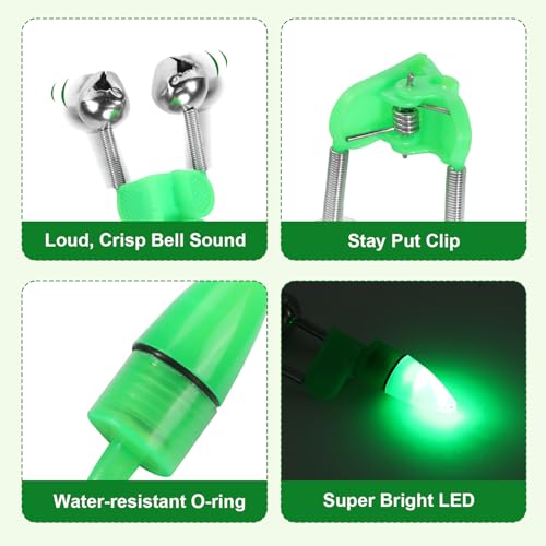 25 PCS Fishing Rod Bells with Tip up Lights, Dual Bite Alarms for