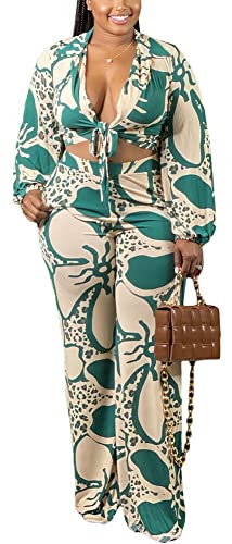 BFFBABY 2 Piece Women's Crop Top & Wide Leg Pants Outfit Set Beige Green XX-Large