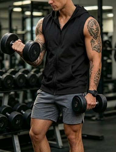 Lexiart Men's Workout Hooded Tank Top Zip Up Slim Sleeveless Hoodie Large Black