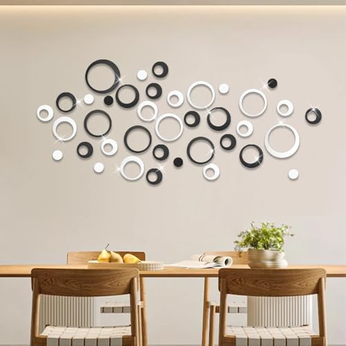 48Pcs Mirror Stickers, Acrylic Circle Wall Stickers Removable DIY Self-Adhesive Hollow Art Mural Wall Decals for Home Office Living Room Bedroom Bathroom Kitchen Decor(Silver, Black)
