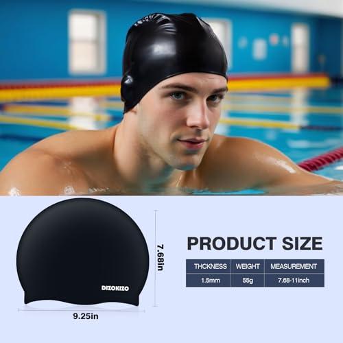 Dizokizo 2-Pack Silicone Swim Caps for Women & Men - Non-Slip Waterproof Hair Hats, Long & Short Hair, Rose Red & Black