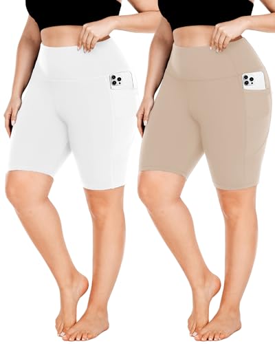 FULLSOFT Plus Size Biker Shorts for Women High Waist 4X Tummy Control with Pockets - 3X-Large White/Apricot