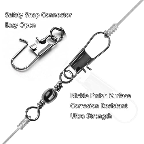 Stainless Steel Fishing Barrel Swivel with Safety Snap - 40LB, 50PCS