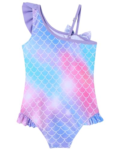 Girls Ruffle One-Piece Swimsuit with Bow - Adjustable Straps - Deep Purple 4-5T