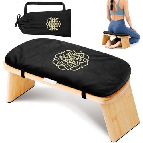 Folding Bamboo Meditation Bench with Cushion & Carry Bag - Black
