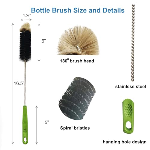 Long Handle Bottle Brush Set - 16" Cleaning Brushes, 2 Pack - Black