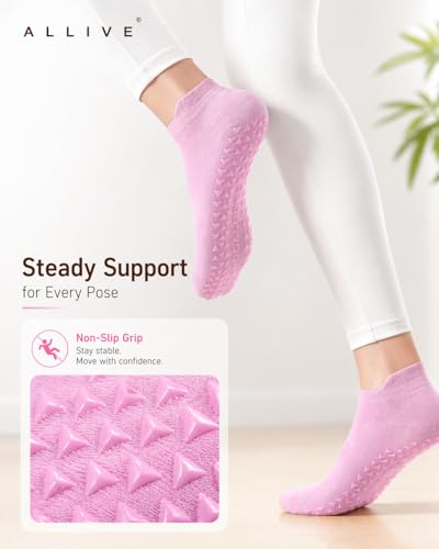 ALLIVE Pilates Socks with Grips for Women, Breathable Bamboo Non-Slip Yoga & Studio Socks, 6 Pairs in Black, White, Grey, Pink, Purple, Green