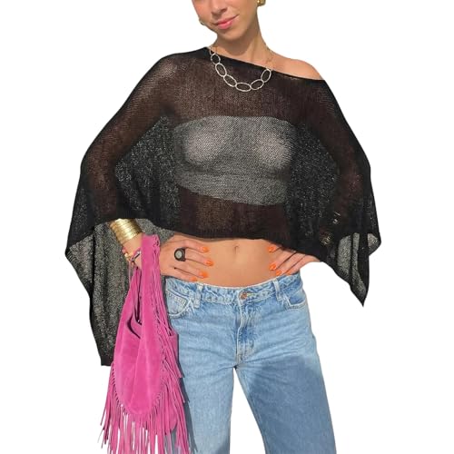 Women Sheer Crochet Mesh Beach Cover Up Shawl - One Size, Black