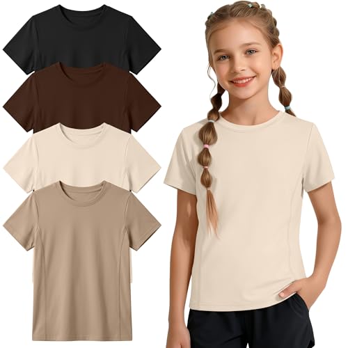 Girls' Athletic Shirts - 4 Pack, Light Khaki/Khaki/Brown/Black, 9-10 Years