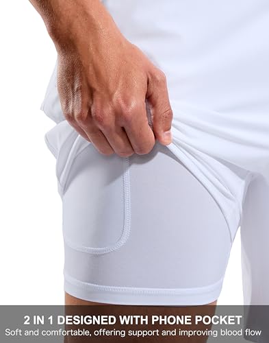 G Gradual Men's 7-Inch Swim Trunks with Compression Liner, White, Large