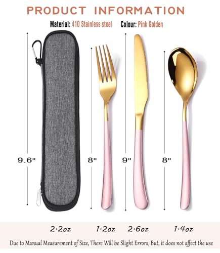 MURRI&MURRDI Travel Stainless Steel Flatware Set 3-Piece Pink Gold Case