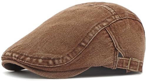 PTDTSHOU Coffee Brown Navy Denim Newsboy Cap for Men Adjustable Flat Ivy Gatsby Hat