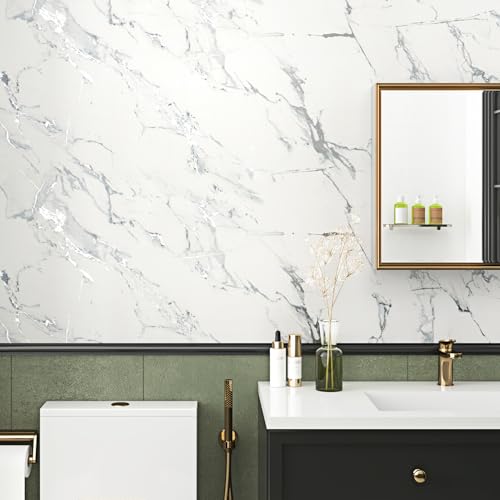 White Silver Marble Contact Paper for Countertops Matte Grey Marble Wallpaper Peel and Stick Self Adhesive Countertop Contact Paper Waterproof for Cabinets Kitchen Walls Desk Wrap 15.7"¡¿78.7"