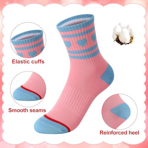 Girls Athletic Crew Socks - 6 Pairs, Ages 6-10, Blue Pink White
