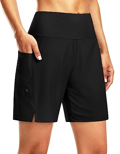 Women's 7" High Waisted Swim Board Shorts - Quick Dry with Pockets