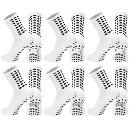 Elfcool Soccer Socks with Grip – 6 Pairs Non-Slip Athletic Socks for Men & Women, White