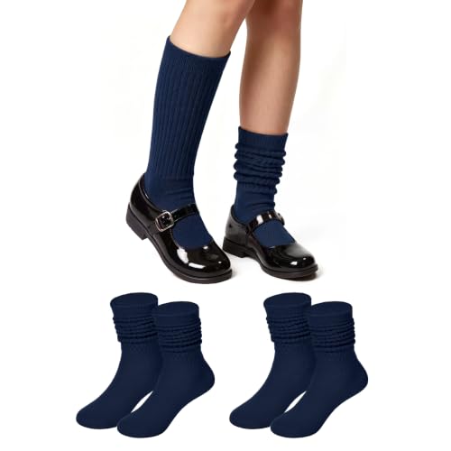 Slouch Knee High Socks for Girls - 2 Pairs, Navy Blue, 5-7 Years
