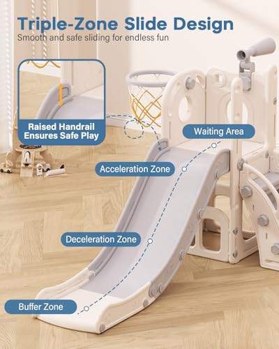6-in-1 Toddler Slide Playset with Basketball Hoop & Telescope - White & Gray