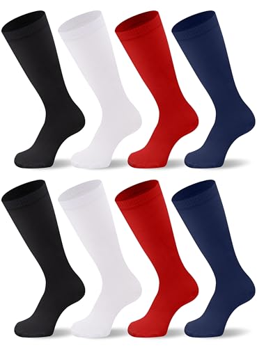 Duufin 8-Pair Youth Knee-High Socks – Soccer, Baseball & Football Team Color Combo (8-10 Years, Black/White/Red/Navy)