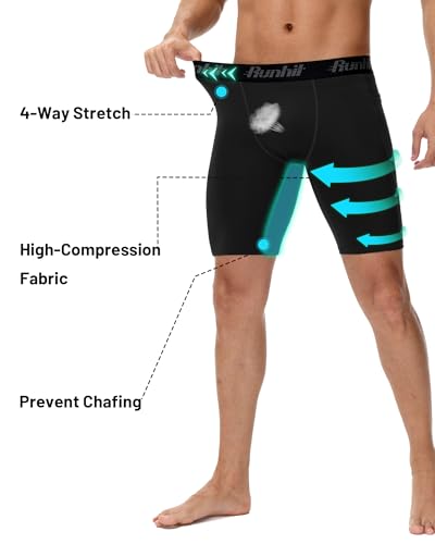 Runhit Men's Compression Shorts with Pockets 9" Black & White Medium - Athletic Workout Base Layer