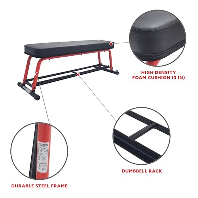 Sunny Health & Fitness Power Zone Strength Flat Bench with Dumbbell Rack and Transport Wheels - SF-BH6996, Black