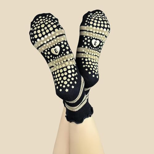 Non-Slip Striped Yoga Socks for Women - 3 Pairs, Size 5-9, White/Khaki/Navy Blue