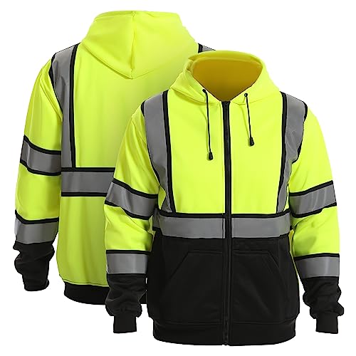 High visibility Hoodie for Men,Class3 Hi Vis Hoodie with Zipper,Reflective Hooded Hood,Construction work Safety Sweatshirt with Large front Pocket for Men/Women Black Bottom£¬Large