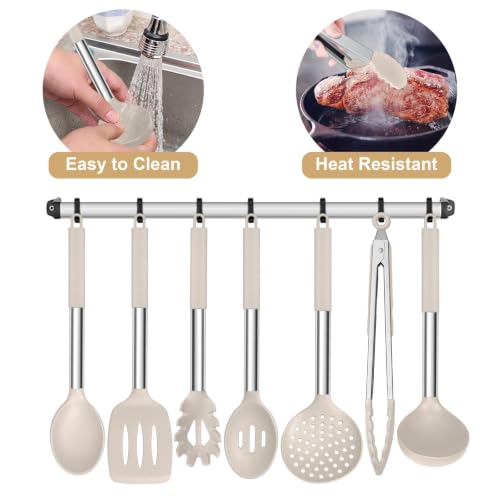 E-far 7-Piece Silicone Cooking Utensil Set Khaki Food-Grade Heat-Resistant Kitchen Tools