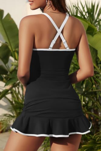 Aqua Eve Two-Piece Tankini Swimsuit with Skirts - Tummy Control, Ruched Twist Front, Large Black & White