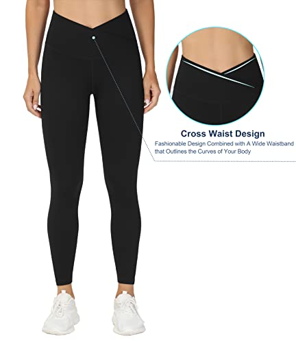 Women’s V Cross Waist Yoga Leggings - Tummy Control Workout Pants, Medium, Black