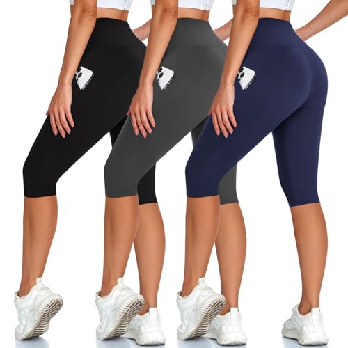 Hi Clasmix 3 Pack Knee Length Leggings for Women with Pockets - Black/Grey/Navy, Large-X-Large