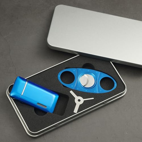 Bbsisgo Blue Refillable Windproof Double Jet Flame Lighter & Cutter Set