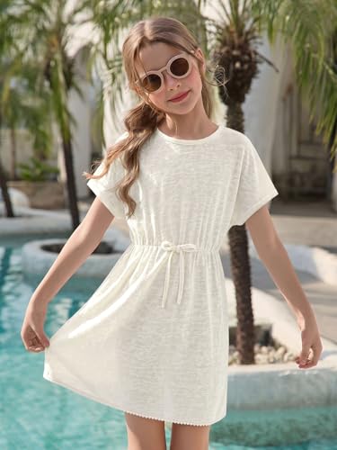 Haloumoning Kids Girl Beach Cover Up Short Sleeve Dress White 5-6 Years